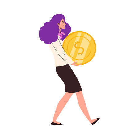 Woman carrying oversize gold coin flat cartoon vector illustration isolated.のイラスト素材