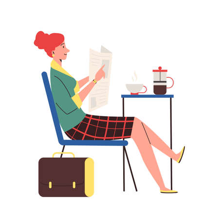 Woman enjoying her morning newspaper, flat vector illustration isolated.のイラスト素材