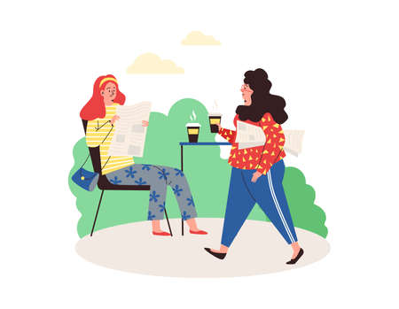 People reading newspaper in cafe and during walk, flat vector illustration.のイラスト素材