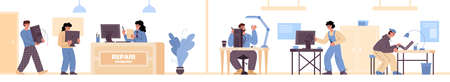 Banner with computer repair service repairmen flat vector illustration isolated.のイラスト素材