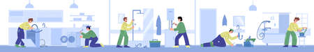 Plumbers repairs pipeline and sanitary equipment, flat vector illustration.のイラスト素材