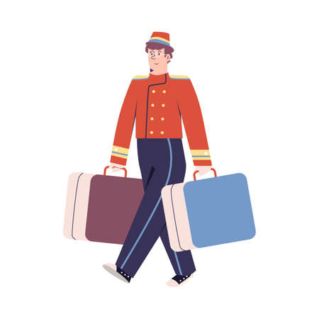 Smiling bellboy in retro uniform carries suitcases. Vector flat cartoon illustration of hotel staffs...