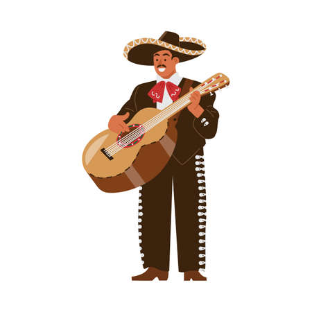 Mexican man in national costume playing guitar flat vector illustration isolated.のイラスト素材
