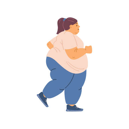 Overweight fat woman running or jogging, flat vector illustration isolated.のイラスト素材