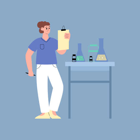 Scientist conducting chemical experiment, flat vector illustration isolated.のイラスト素材