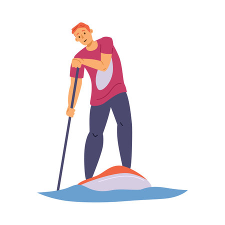Man standing on paddleboard with paddle, flat vector illustration isolated.のイラスト素材