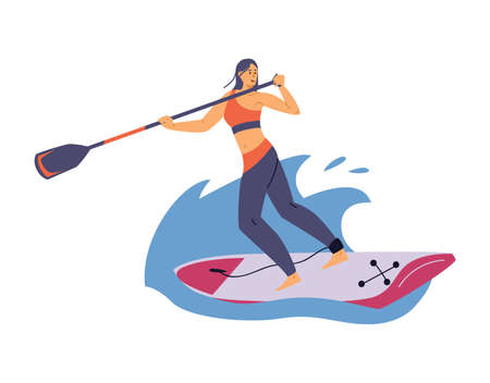 Woman rowing standing on wide paddle board, flat vector illustration isolated.のイラスト素材