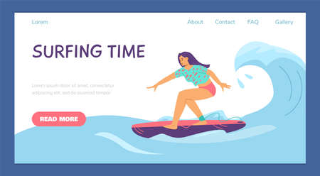 Surfing time web banner with surfer riding sea waves, flat vector illustration.のイラスト素材