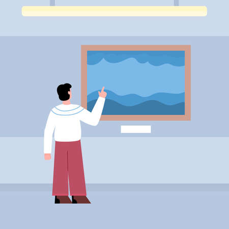Exhibition visitor standing with back and looking artwork at art gallery museum.のイラスト素材