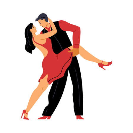 Couple of dancers dancing salsa or tango flat vector illustration isolated.のイラスト素材