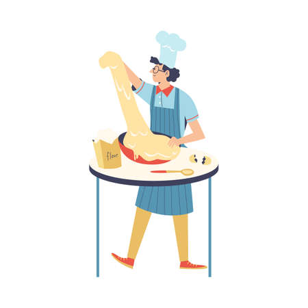 Funy cook male character kneads dough, flat vector illustration isolated.のイラスト素材