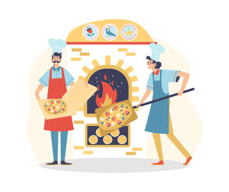 Chef cooks putting pizza to brick stone flat vector illustration isolated.のイラスト素材
