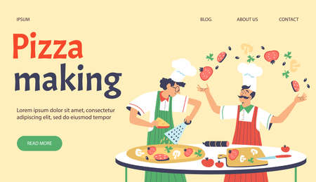 Pizza making web banner with italian chef cooks flat vector illustration.のイラスト素材