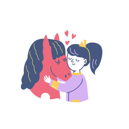 Child girl hugging horse, flat cartoon vector illustration isolated on white.のイラスト素材