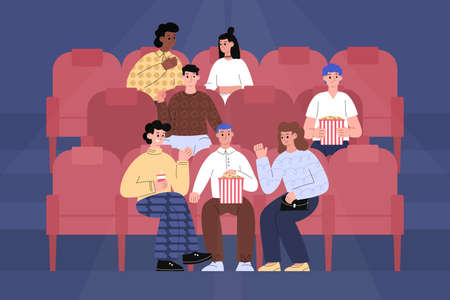 Rows of cinema chairs with people watching movie flat vector illustration.のイラスト素材