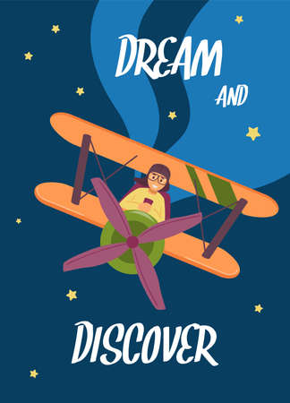 Banner or card with kid flying vintage airplane, flat vector illustration.のイラスト素材
