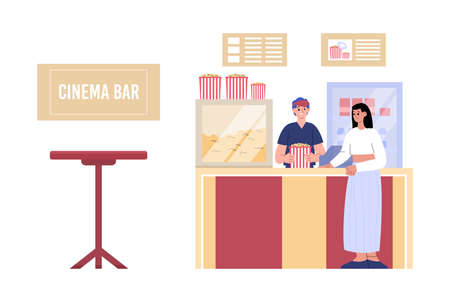 Cinema bar or cafeteria with vendor and buyer flat vector illustration isolated.のイラスト素材
