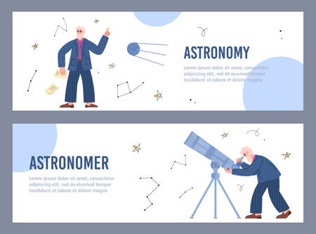 Astronomy website banners kit with astronomer character, vector illustration.のイラスト素材