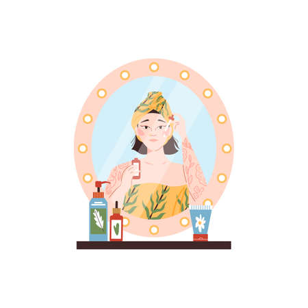 Women daily beauty care procedures, flat vector illustration isolated.のイラスト素材