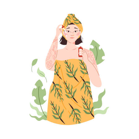 Woman using natural cosmetic oil for beauty, flat vector illustration isolated.のイラスト素材