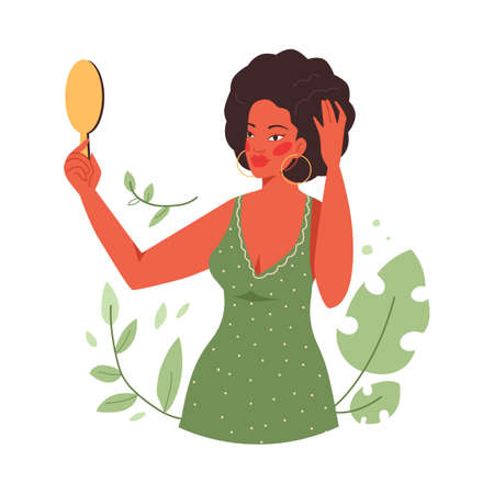 Black woman beauty looking at the mirrorのイラスト素材