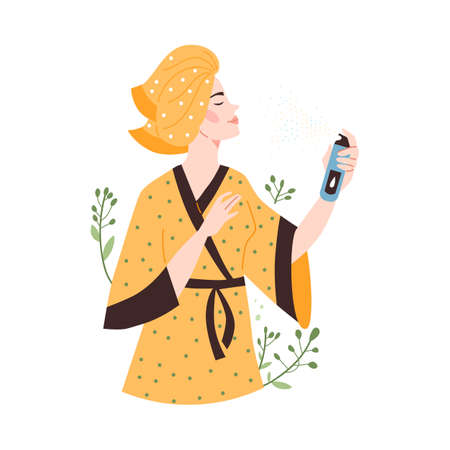 Woman sprays natural mineral cosmetic on face, flat vector illustration isolated.のイラスト素材