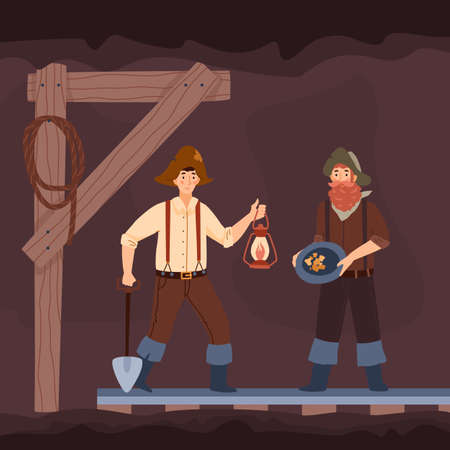 Vintage diggers of American gold rush period in mine, flat vector illustration.のイラスト素材