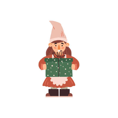 Cute girl little gnome holding huge gift box, flat vector illustration isolated.のイラスト素材