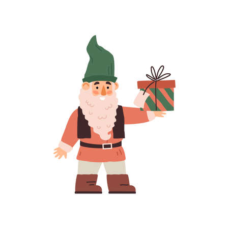 Funny old bearded gnome holding gift box, flat vector illustration isolated.のイラスト素材