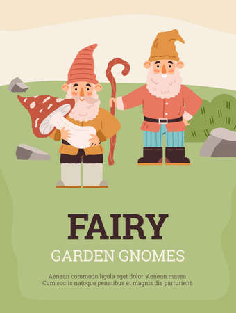 Fairy garden gnomes card with cute characters, flat vector illustration.のイラスト素材