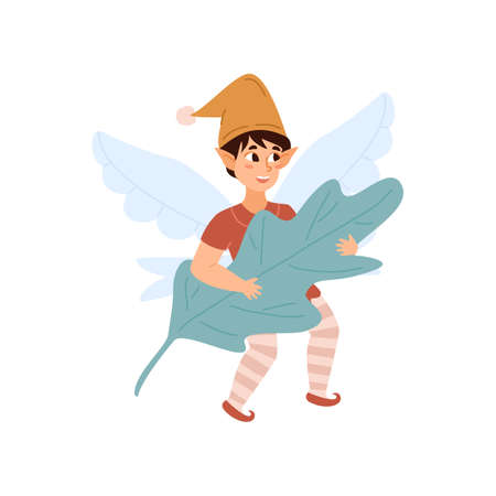Cartoon pixie boy flies on wings and holds leaf - flat vector illustration.のイラスト素材