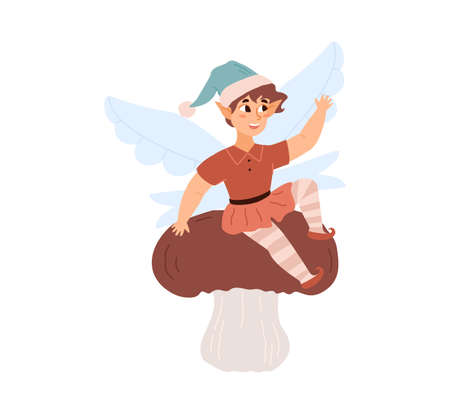 Fairy pixie boy or elf sitting on mushroom, flat vector illustration isolated.のイラスト素材