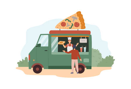 Street food green truck selling pizza, drinks in flat style vector illustrationのイラスト素材