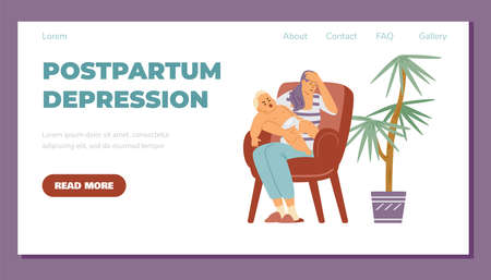 Banner concept with tired mom with crying baby in her arms sits in chairのイラスト素材