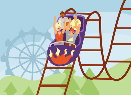 Excited people ride down on roller coaster in amusement park flat vector illustration.のイラスト素材