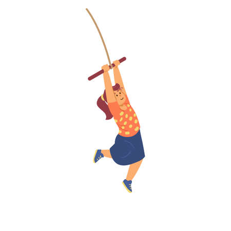 Cute little girl in skirt swinging, jumping bungee in flat vector illustrationのイラスト素材