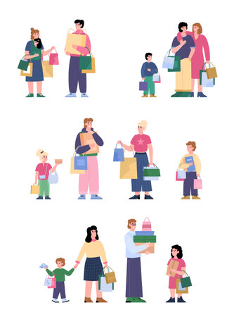 Happy family couples and children shopping, set of vector illustration isolated.のイラスト素材