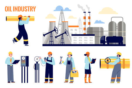Set of various oilmen in oil or gas industry in flat vector illustrationのイラスト素材