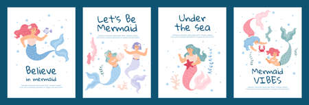 Posters set with mermaids and motivational phrases, flat vector illustration.のイラスト素材