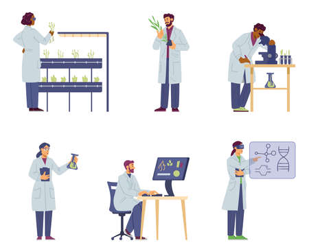 Scientist biologists work with plants growing in test tubes scientific laboratoryのイラスト素材