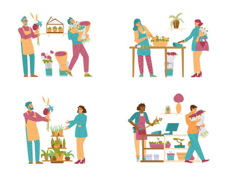 Set professional florists making design bouquets and selling it at flower shops.のイラスト素材