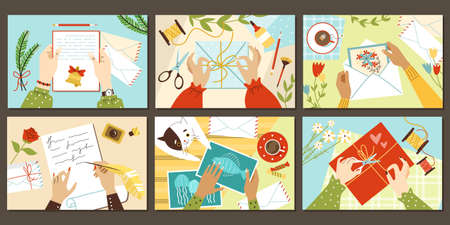 Hands of people sending letters, parcels and postcards flat vector illustration.のイラスト素材