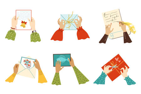 Hands putting letters in envelopes, flat vector illustration isolated.のイラスト素材