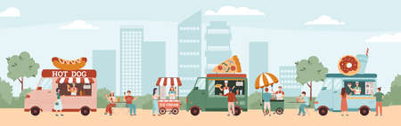 Street food festival in the city park, flat vector illustration.のイラスト素材