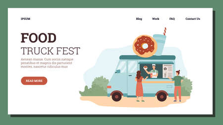 People buy and eat donuts at food truck festival - landing or web page template, flat vector illustration.のイラスト素材