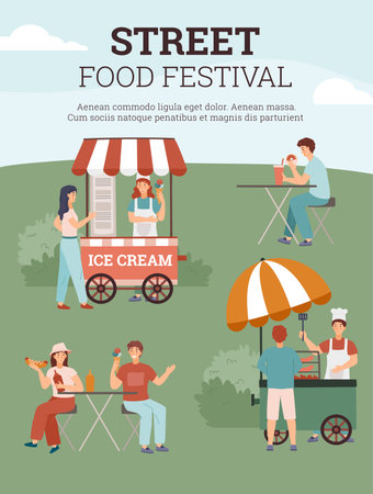 Street food festival poster layout, flat vector illustration.のイラスト素材