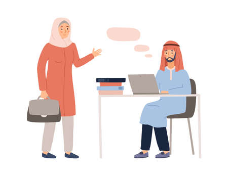 Arabian Muslim business people meeting scene, flat vector illustration isolated.のイラスト素材