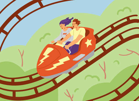 Scared and excited people riding roller coaster, flat vector illustration.のイラスト素材