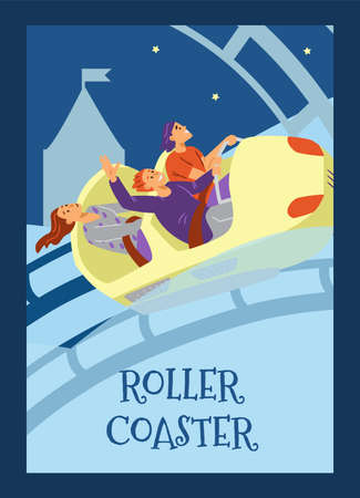 Happy teenager friends riding on rollercoaster in amusement park, flat vector illustration.のイラスト素材