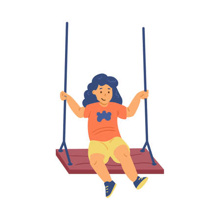 Child sits and rides on swing, flat vector illustration isolated on white background.のイラスト素材